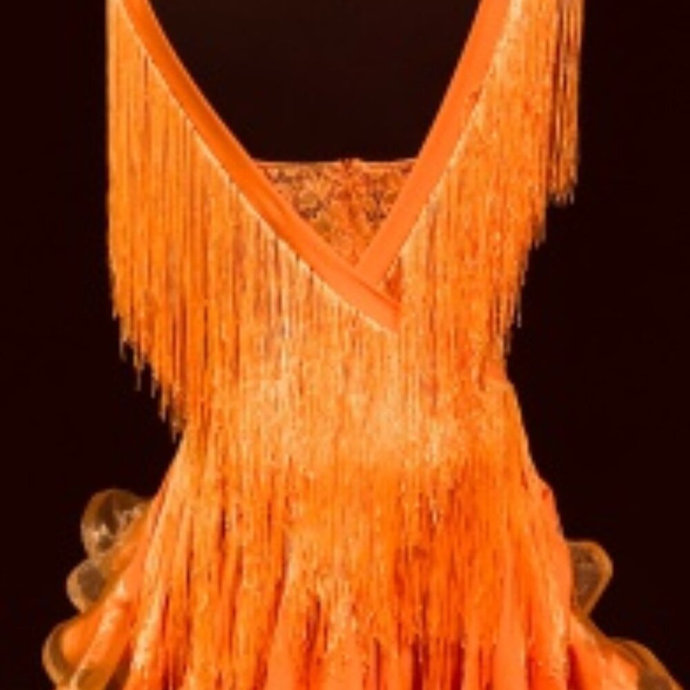 Orange Burst - Rhythm Latin Competition dress, Orange lace bodice w/ long fringe